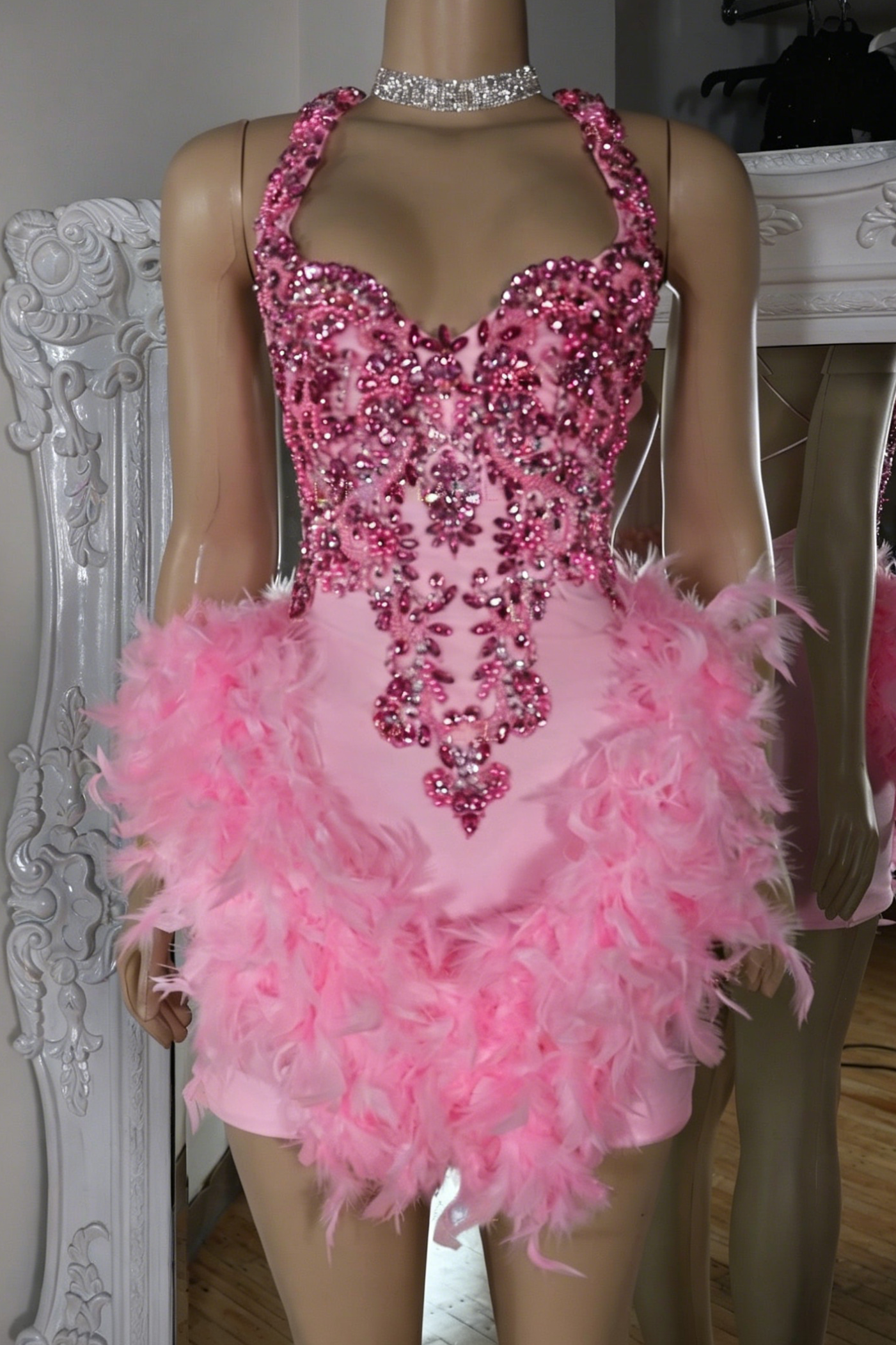 Beaded Halter Mini Dress with Feathers