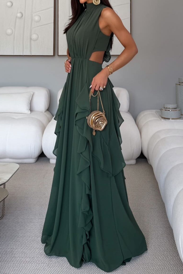 Sleeveless Ruffled High Neck Gown with Cut-Outs