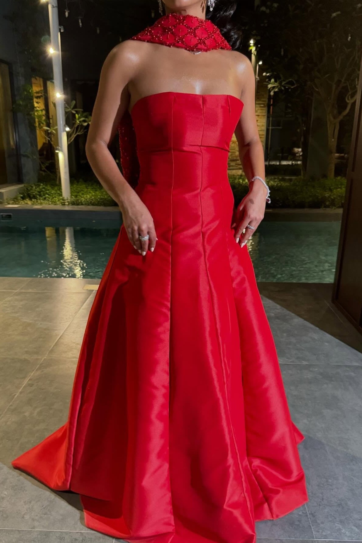 Strapless Gown with Embellished Cape Scarf