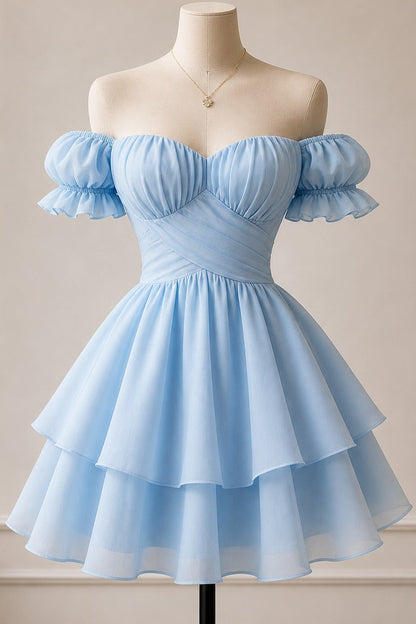 Off Shoulder Tiered Mini Dress with Ruffle Sleeves