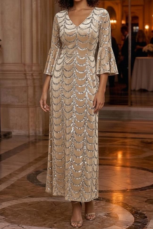 Sequin Velvet Ankle-Length Dress with Bell Sleeves