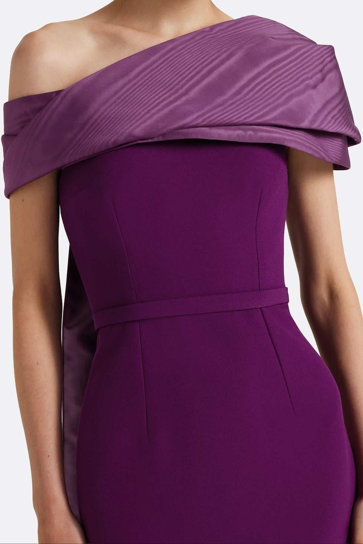 Asymmetric Folded-Neck Column Gown with Cape Drape