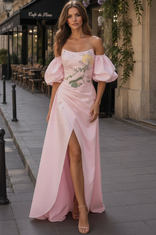 Embroidered Satin Off-the-Shoulder Maxi Gown