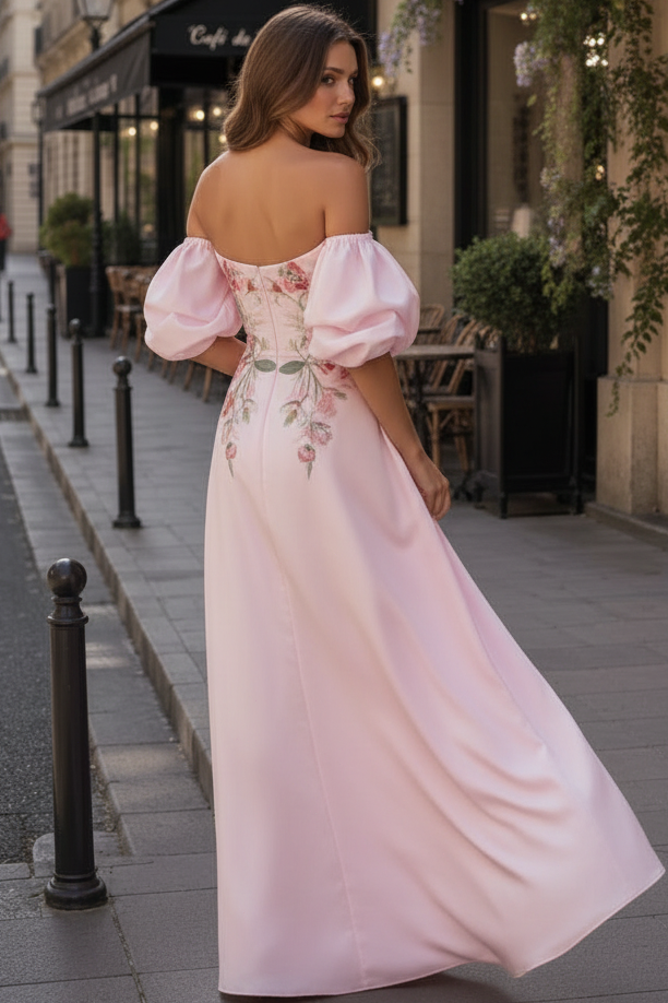 Embroidered Satin Off-the-Shoulder Maxi Gown