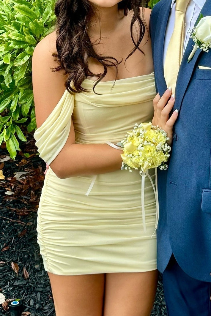 Ruched Off-the-Shoulder Bodycon Homecoming Dress