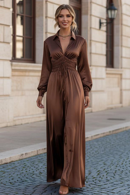 Collared V-Neck Satin Maxi Dress with Smocked Waist
