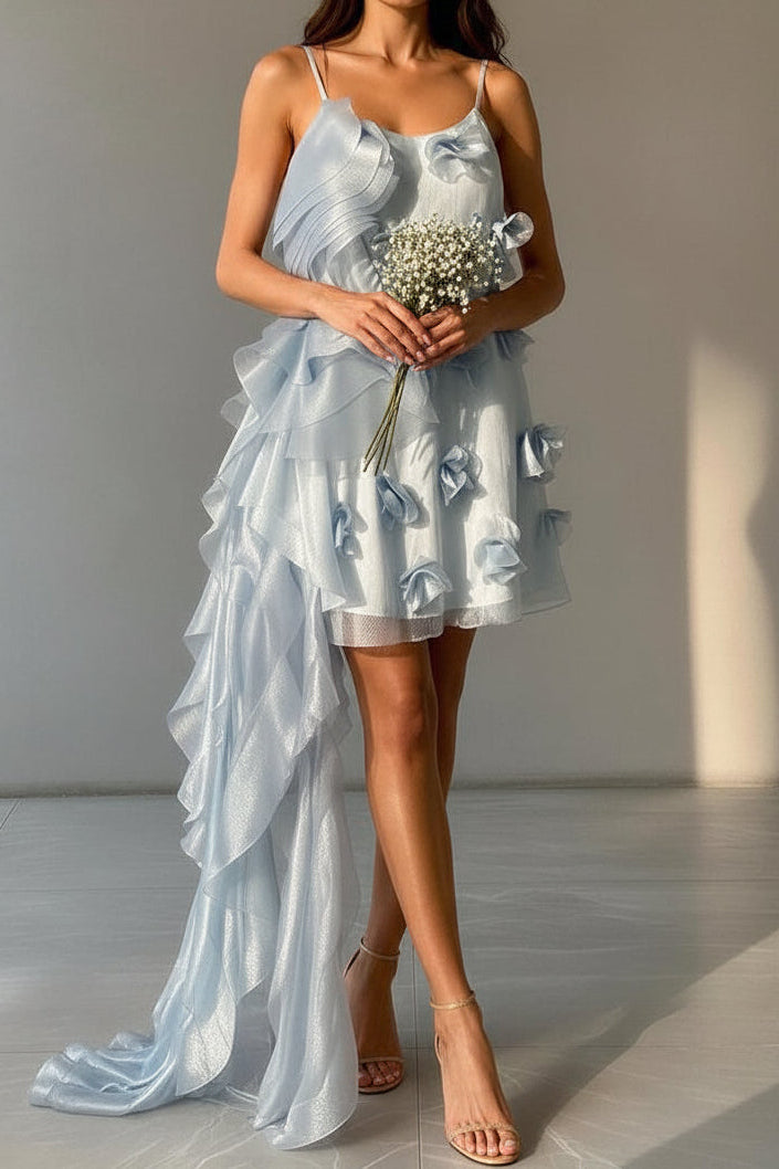 Organza Ruffle Drape Mini Dress with 3D Florals