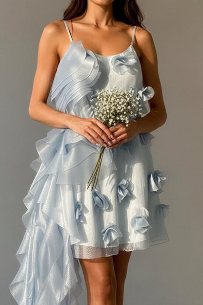 Organza Ruffle Drape Mini Dress with 3D Florals