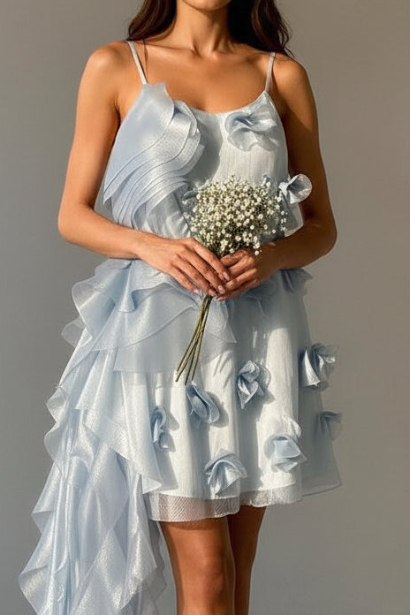 Organza Ruffle Drape Mini Dress with 3D Florals