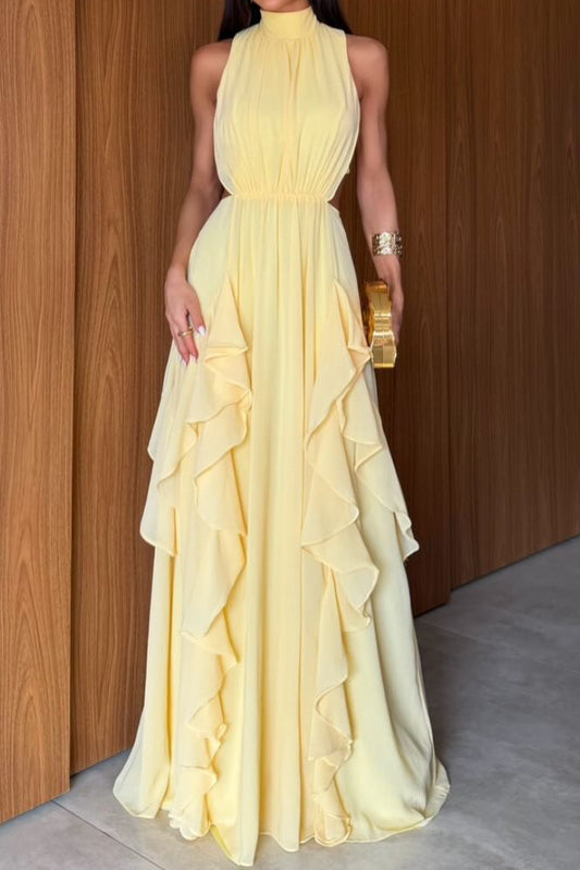 Sleeveless Ruffled High Neck Gown with Cut-Outs