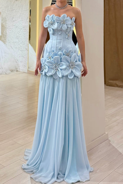 Strapless Corset Evening Gown with 3D Flowers
