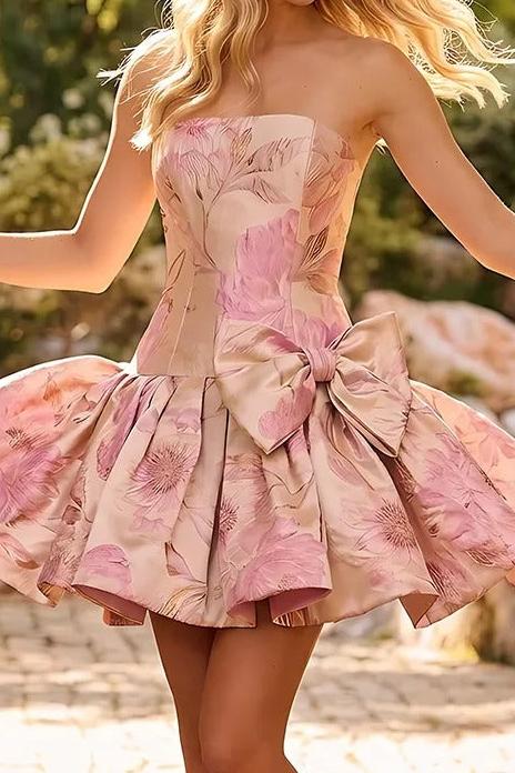 Strapless Floral Mini Dress with Bow