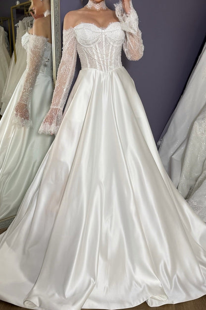 Off-the-Shoulder Lace Corset Satin Ball Gown