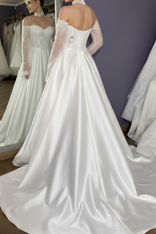 Off-the-Shoulder Lace Corset Satin Ball Gown