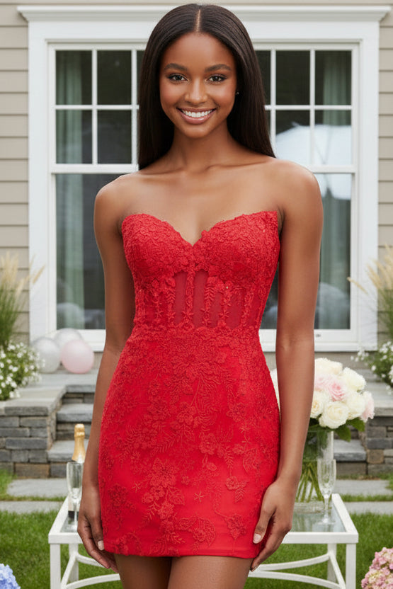 Strapless Lace Corset Mini Dress with Floral Appliques