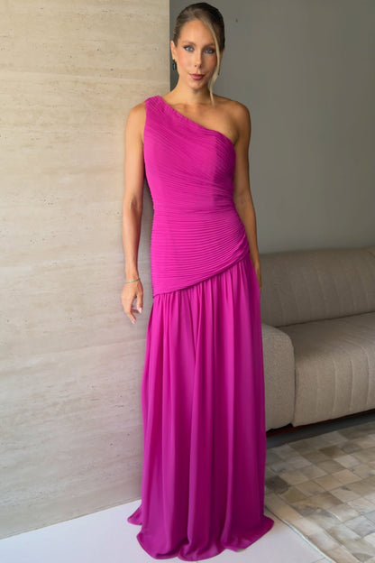 One-Shoulder Pleated Chiffon Evening Gown