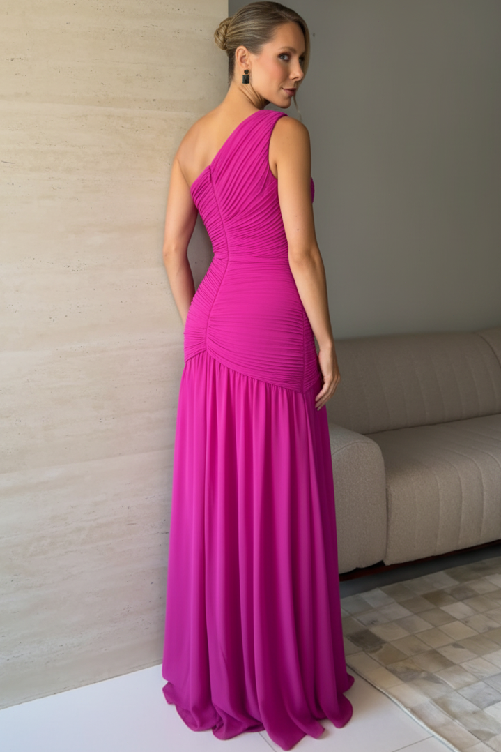 One-Shoulder Pleated Chiffon Evening Gown