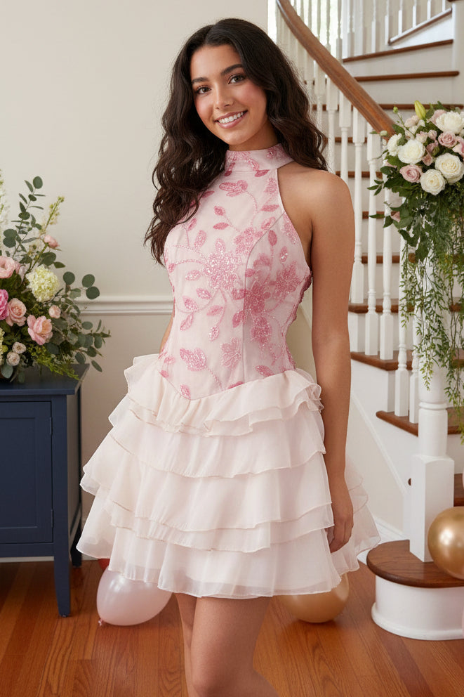 Halter Tiered Mini Dress with Floral Embroidery