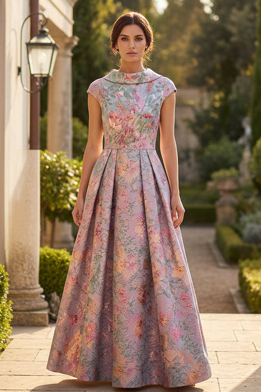 Floral Jacquard Pleated Maxi Dress with Cap Sleeves