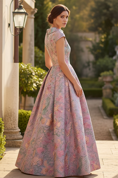 Floral Jacquard Pleated Maxi Dress with Cap Sleeves
