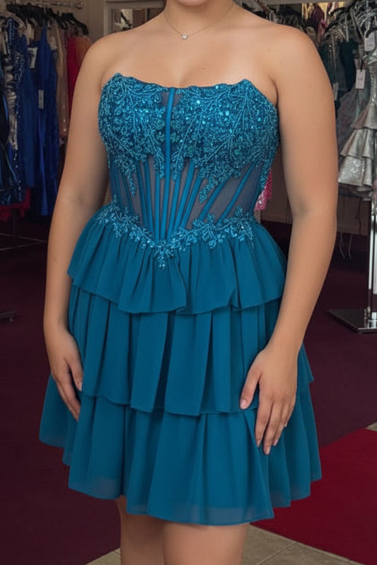 Strapless Beaded Corset Tiered Mini Dress