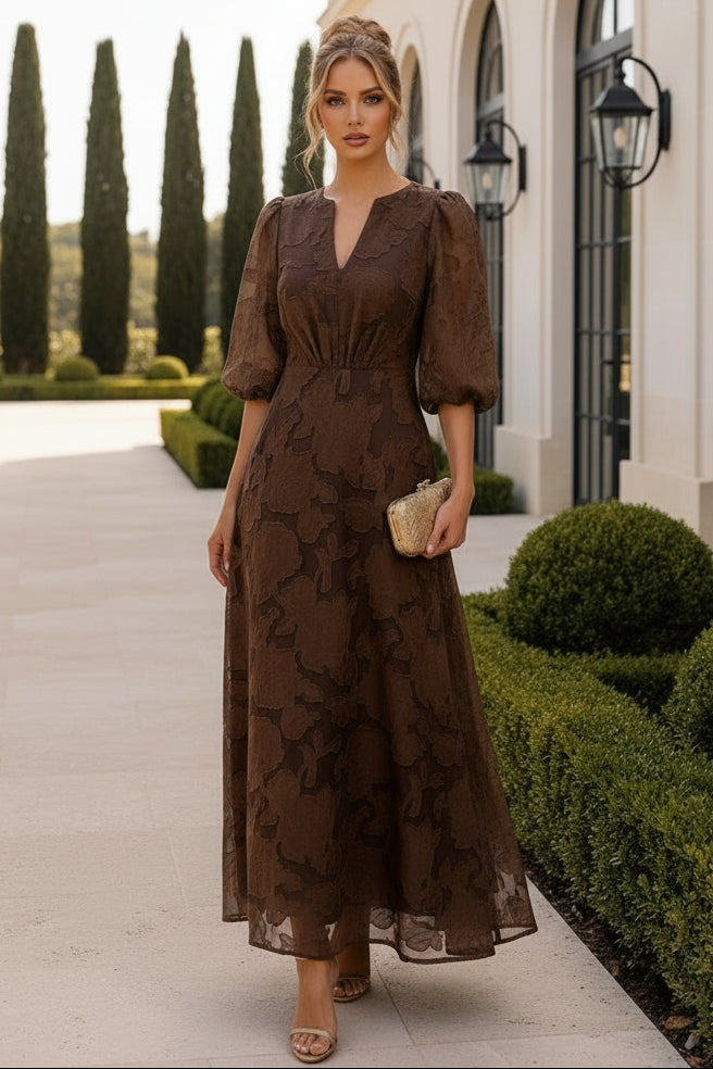 Floral Jacquard V-Neck A-Line Dress with Puff Sleeves