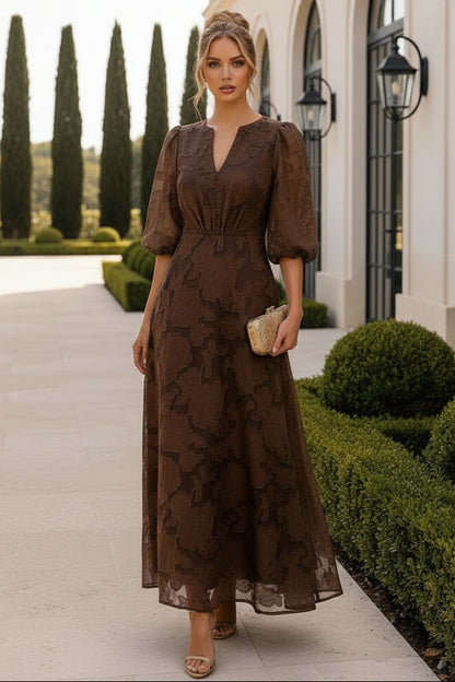 Floral Jacquard V-Neck A-Line Dress with Puff Sleeves