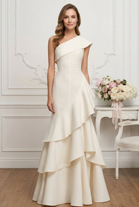 One-Shoulder Tiered Ruffle Evening Gown