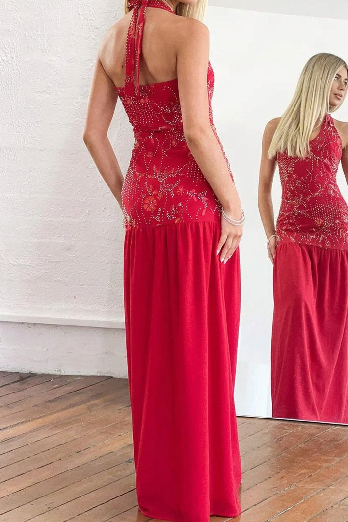Embellished Halter Maxi Dress with Drop Waist