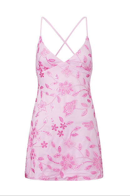 Sequin Floral Mesh Backless Mini Slip Dress
