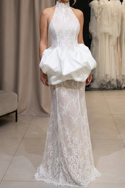 Halter Lace Wedding Dress with Bubble Peplum