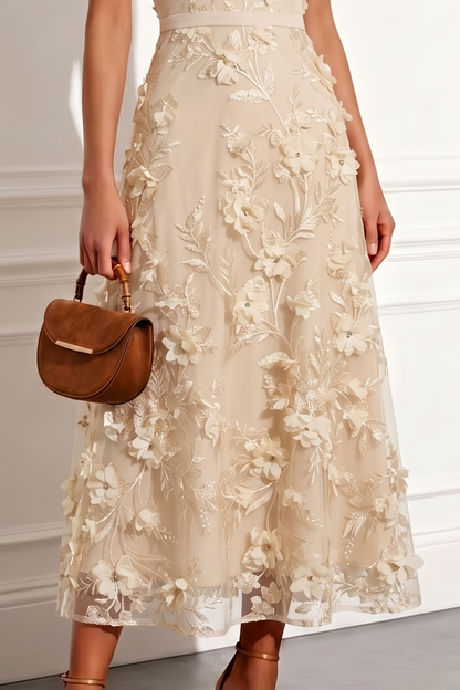 3D Floral Applique High Neck Midi Dress