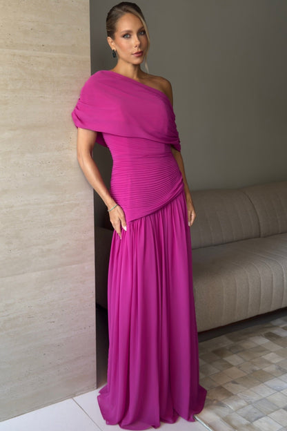 One-Shoulder Pleated Chiffon Evening Gown
