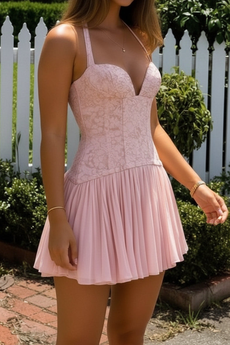Halter Corset Mini Dress with Pleated Skirt