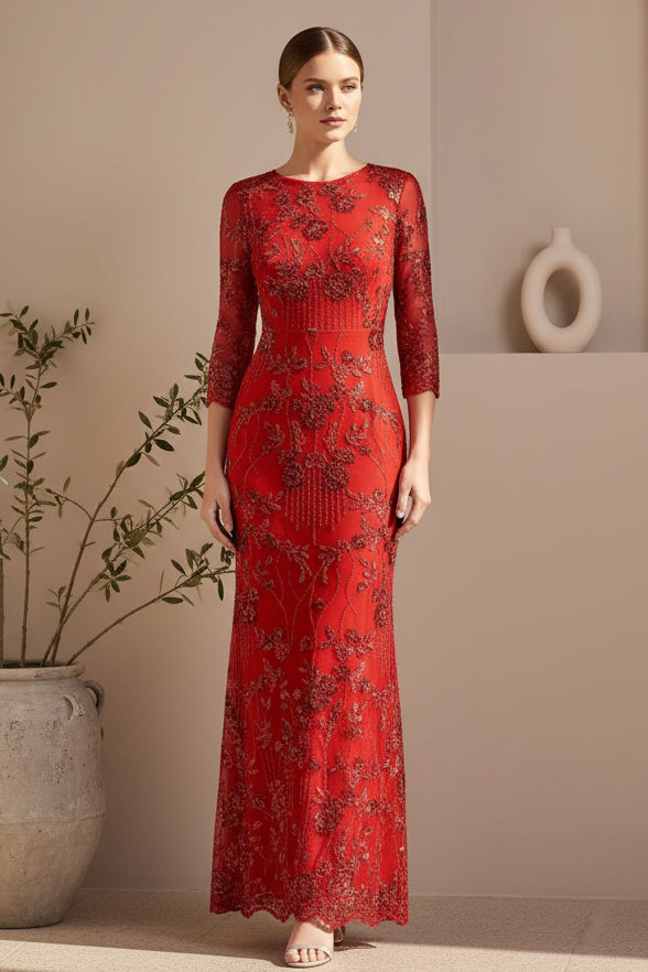 Elegant Beaded Sheath Evening Gown with 3/4 Sleeves