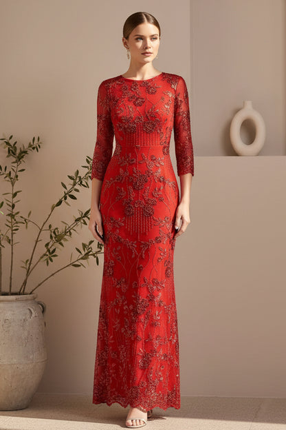 Elegant Beaded Sheath Evening Gown with 3/4 Sleeves