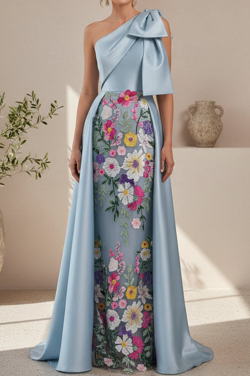 One Shoulder Bow Satin Gown with Floral Embroidered Skirt