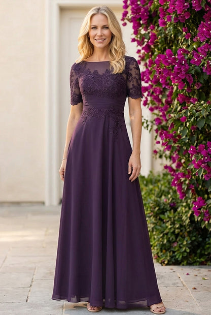 Lace Illusion Neck A-Line Gown with Short Sleeves