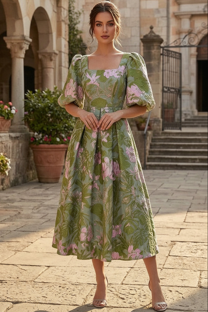 Floral Jacquard Square Neck Puff Sleeve Midi Dress