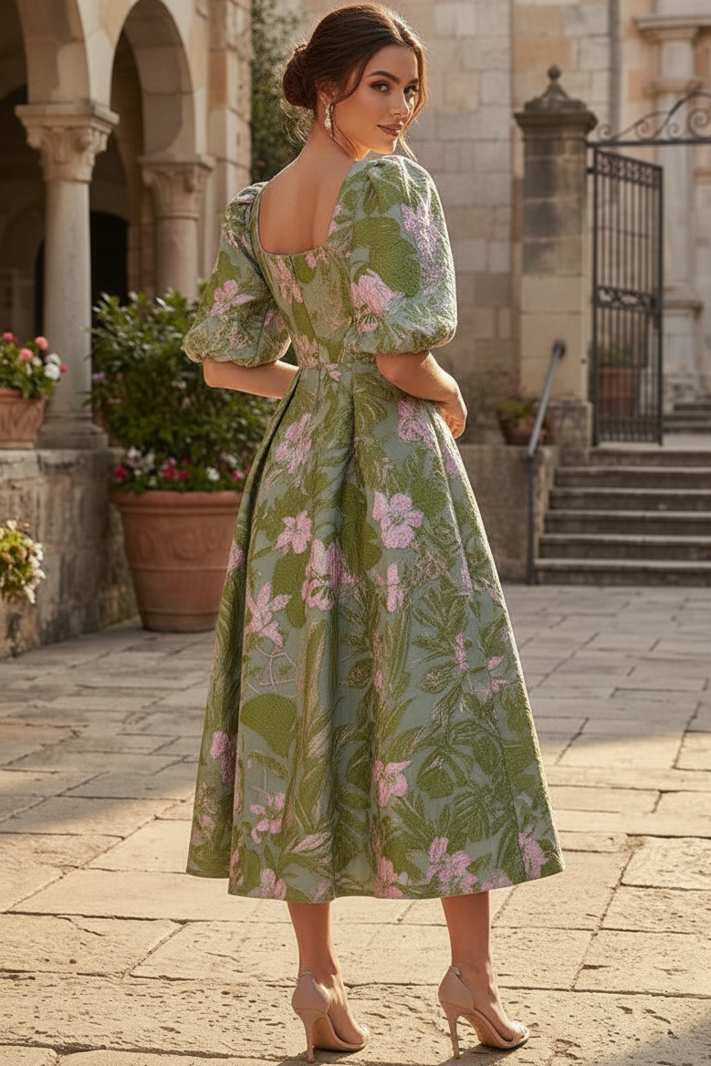 Floral Jacquard Square Neck Puff Sleeve Midi Dress