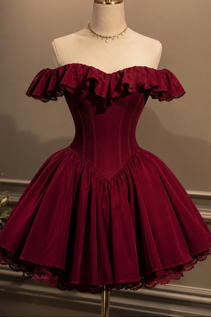 Off-Shoulder Velvet Corset Mini Dress with Lace Trim