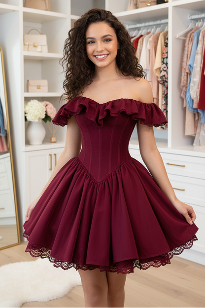 Off-Shoulder Velvet Corset Mini Dress with Lace Trim