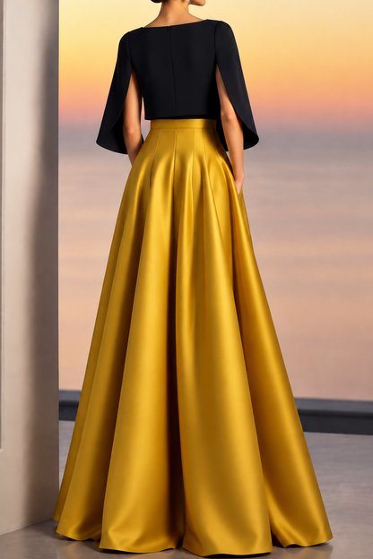 Cape Sleeve Pleated A-Line Evening Gown with Pockets