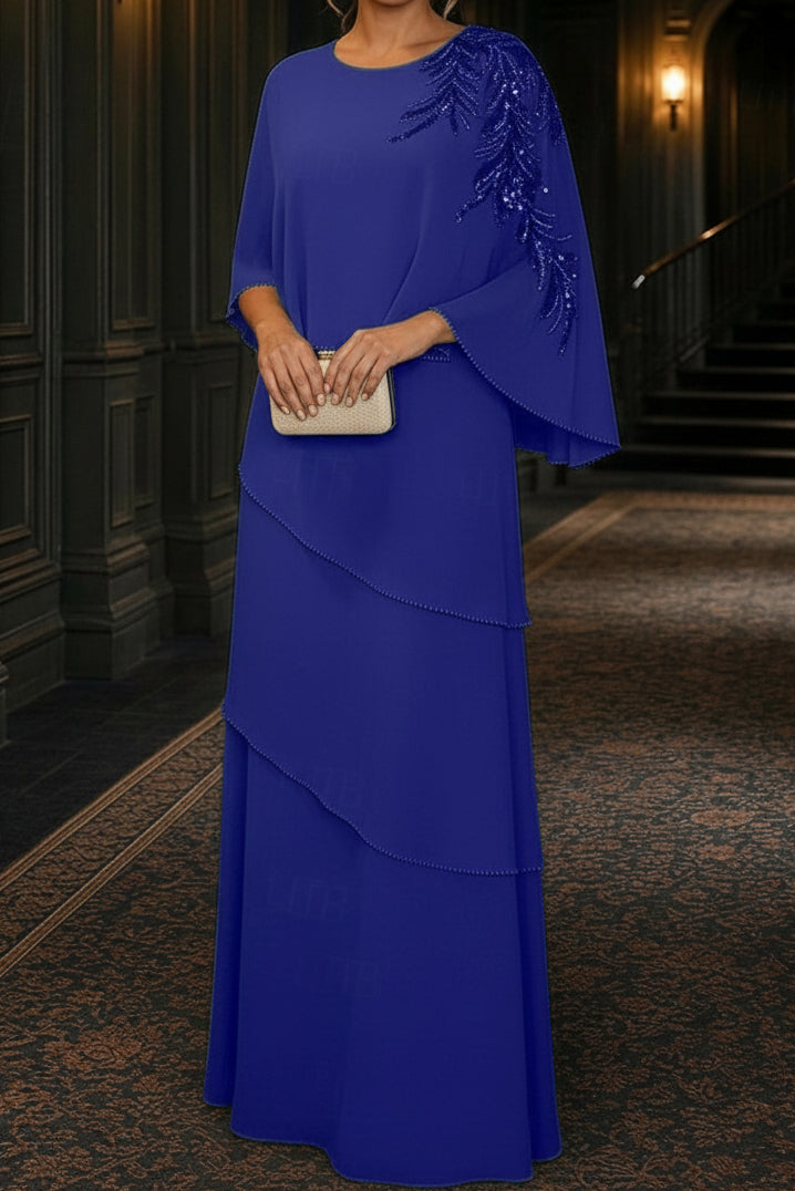 Tiered Capelet Evening Gown with Sequin Accent