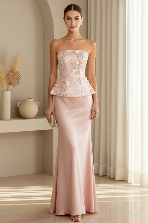 Strapless Jacquard Peplum Maxi Gown with Lace-Up Back