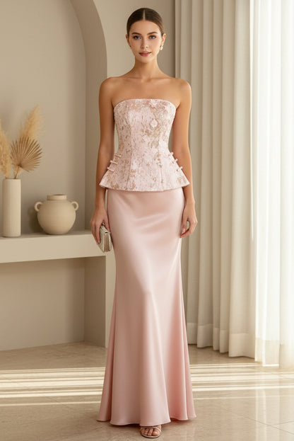 Strapless Jacquard Peplum Maxi Gown with Lace-Up Back