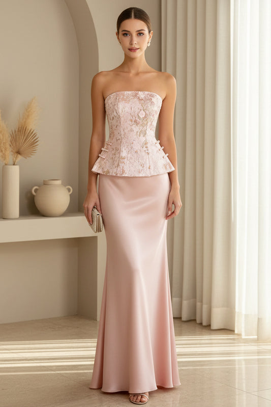 Strapless Jacquard Peplum Maxi Gown with Lace-Up Back