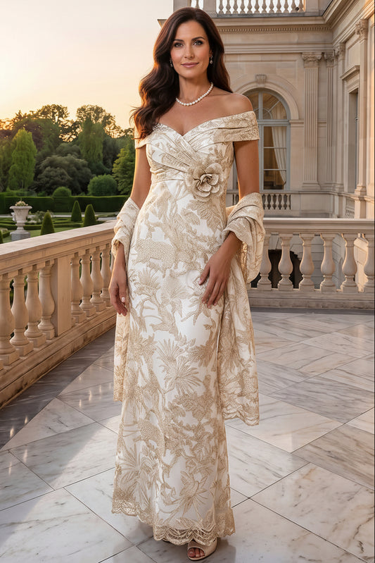 Off-the-Shoulder Jacquard Gown with Shawl