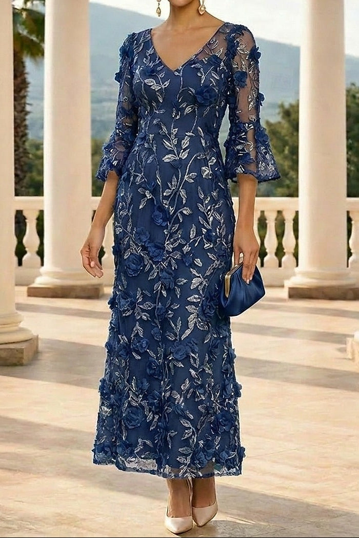 V-Neck Embroidered Lace Sheath Dress with Bell Sleeves