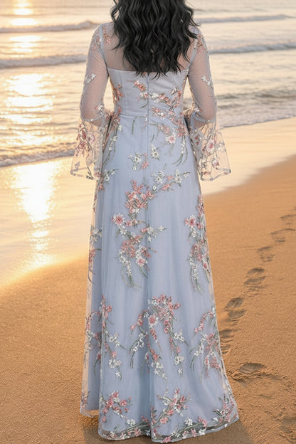 Floral Embroidered Illusion Gown with Bell Sleeves